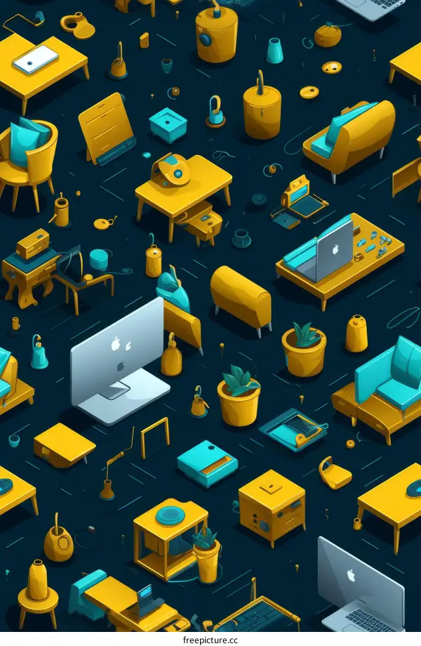 A seamless pattern of isometric office supplies and furniture