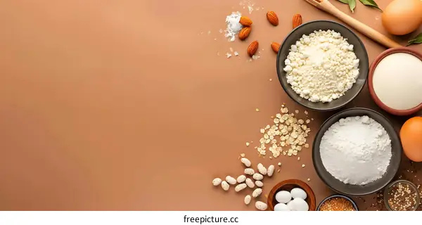 Baking Ingredients on Brown Background