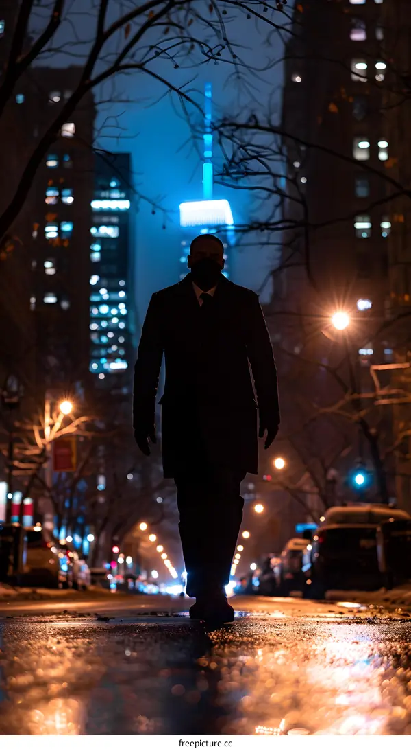 Man Walking in City at Night With Building Lights