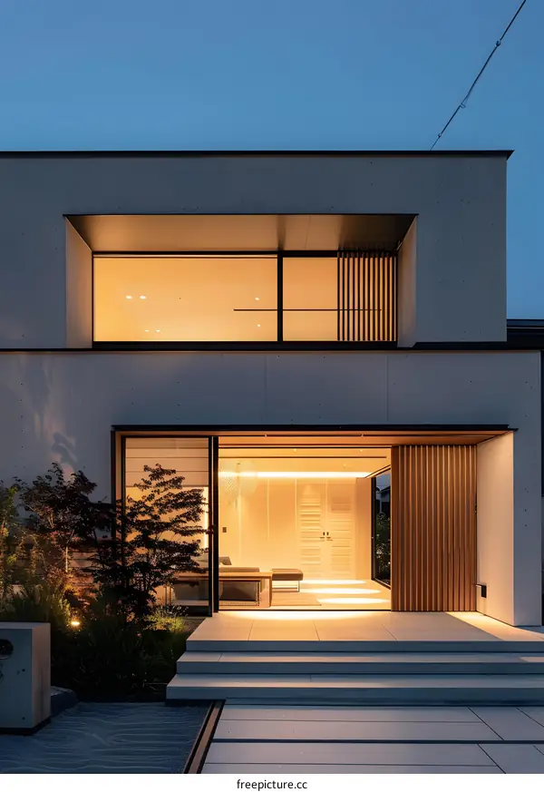 Modern Japanese Style House Exterior with Glass Doors and Wooden Panels at Night