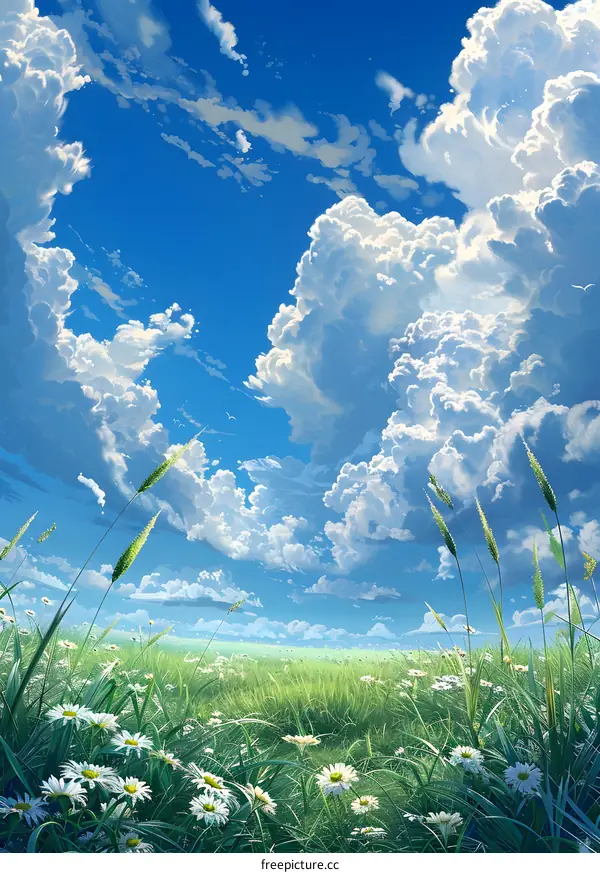 Field of grass and flowers under a blue sky with white clouds
