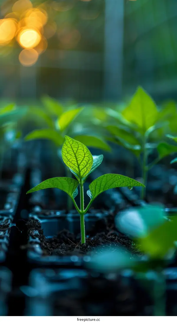 Close-up of a small green plant growing in a greenhouse