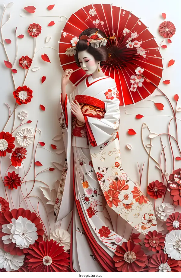A Japanese woman wearing a kimono and holding a red umbrella stands in a field of red and white flowers.