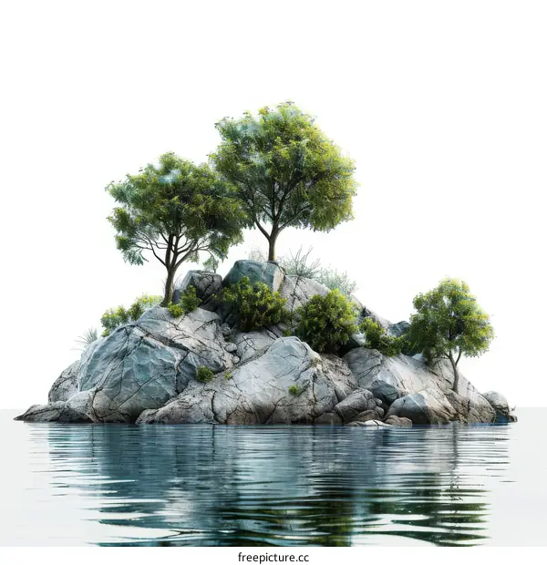 Tranquil Island Oasis: Rocky Outcrop with Verdant Foliage Amidst Calming Waters