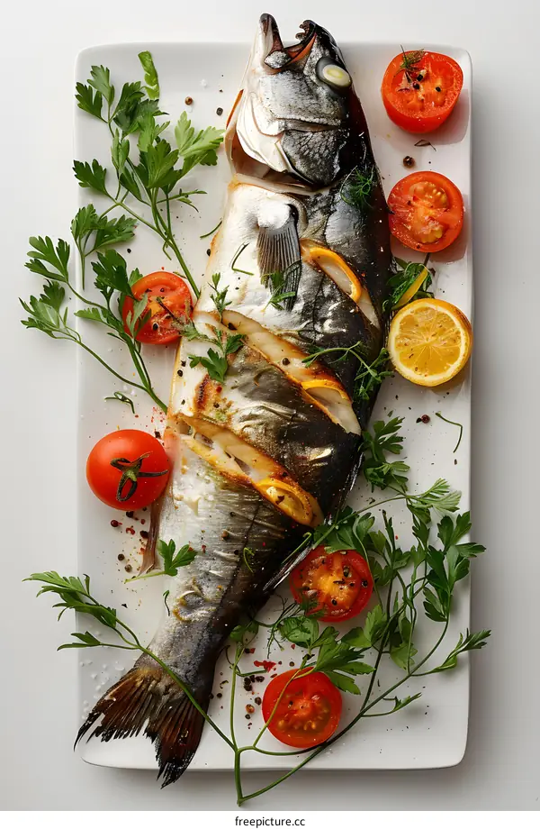 Grilled fish with lemon and tomatoes