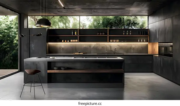 Modern Kitchen Interior Design with Dark Grey Cabinets and Stone Countertops