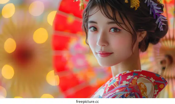 Beautiful Woman in Traditional Japanese Kimono