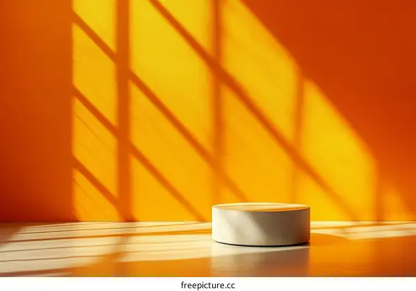 Empty Podium Display Against Vivid Orange Wall with Sunlight Shadows