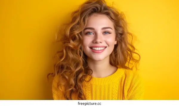 Redhead woman smiling in front of a yellow background