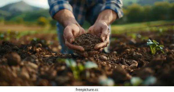 Close up of a farmer's hands holding soil