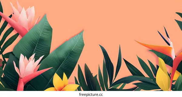 Tropical Floral Arrangement with Pink Orange and Yellow Flowers on Peach Background