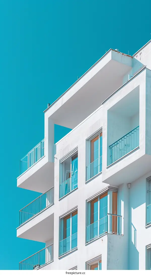 Modern architecture, white concrete building with geometric shapes and glass balconies.