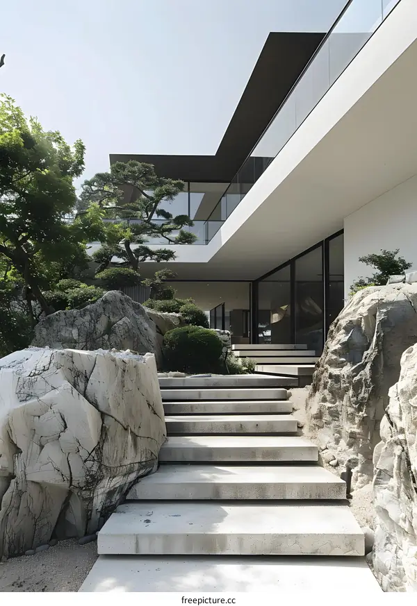 Modern Architecture with Stone Steps and Green Plants