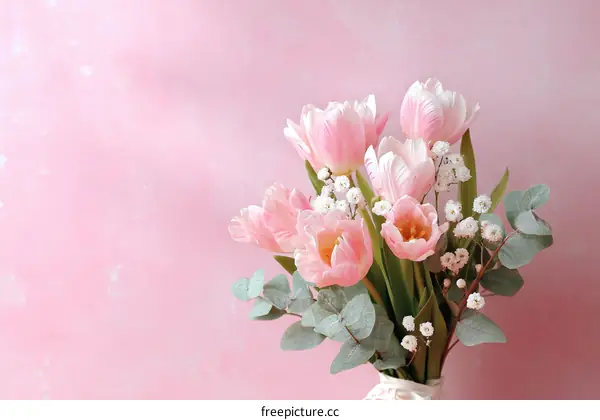 Delicate Pink Tulip Bouquet on Pink Background