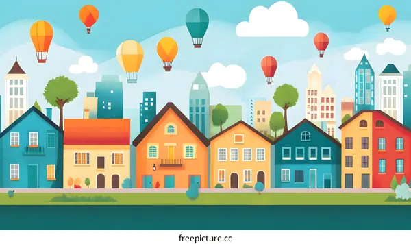 Colorful Cityscape With Hot Air Balloons