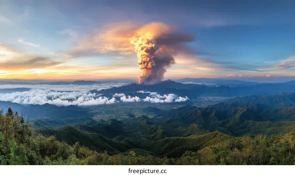 Volcanic Eruption Over Mountain Ranges at Sunrise