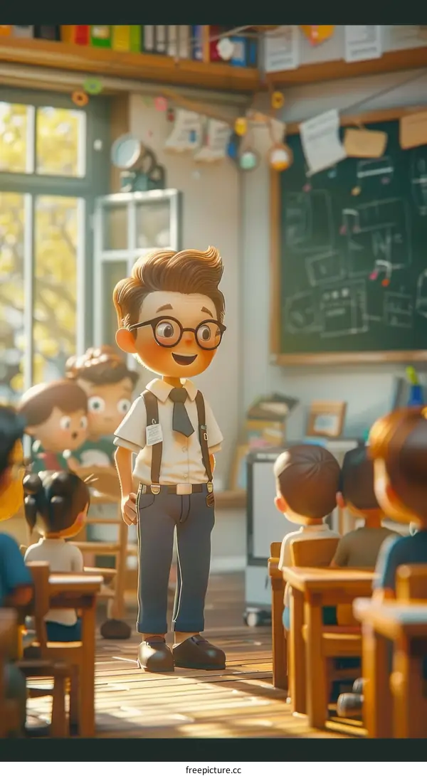 Happy teacher standing in front of a classroom of students