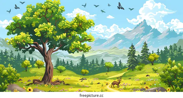 Beautiful Mountain Landscape With Green Trees And A Deer