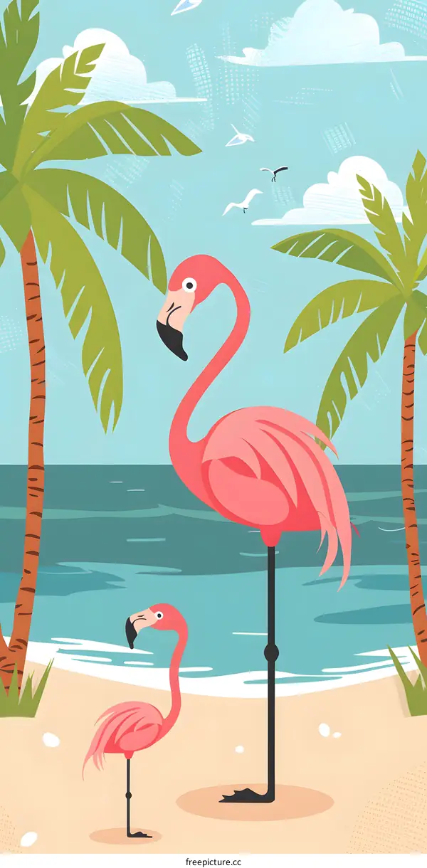 Pink Flamingoes On A Tropical Beach Illustration