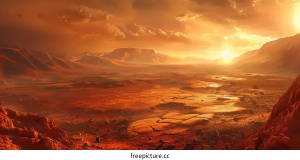 An illustration of a Martian landscape with a setting sun