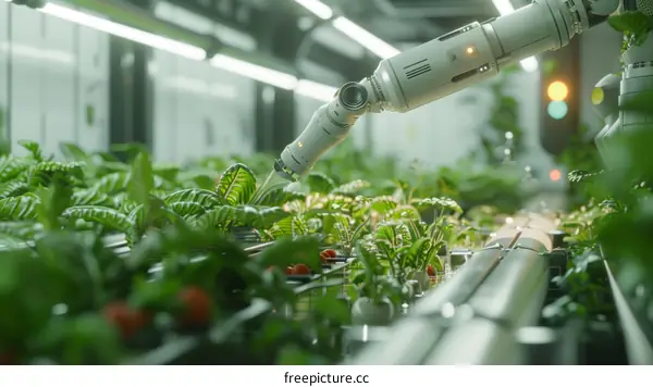 Automated vertical farming system with robotic arm harvesting