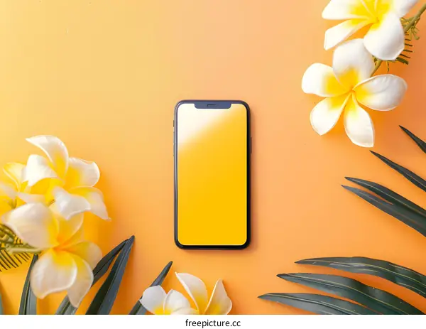 Smartphone Mockup with Summer Flowers and Palm Leaves