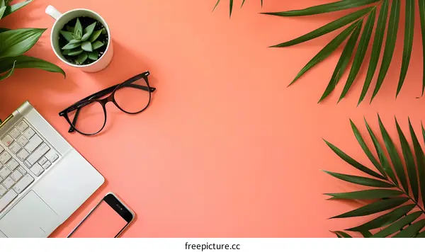 Summer Work Space Flat Lay With Palm Leaves