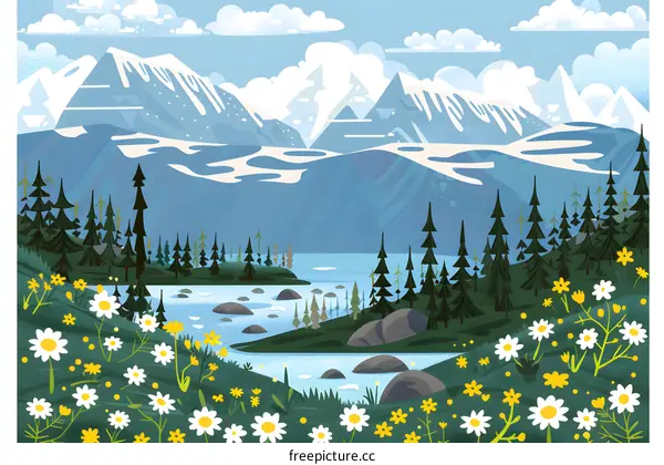 Mountain Lake Landscape with Daisies Illustration