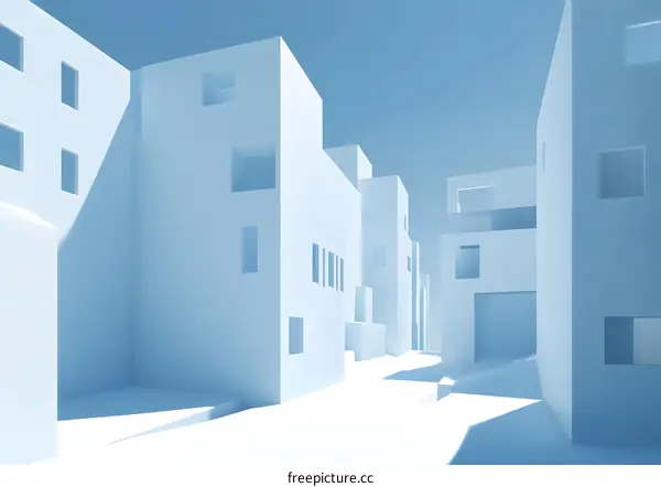 Minimalist 3D Architectural Rendering of White Buildings in a Blue Sky