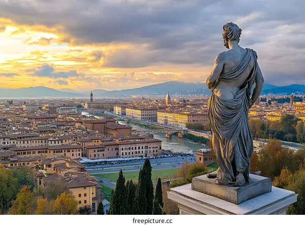 Sunset View of Florence Cityscape with Statue