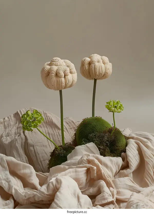 Abstract Beige and Green Floral Arrangement with Mossy Bases