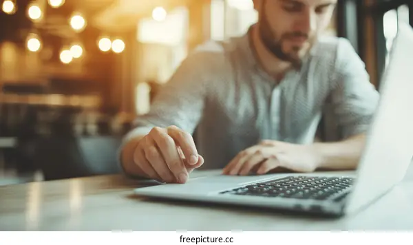 Focused Caucasian Man Working on Laptop in Cafe