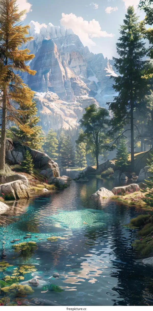 Tranquil Forest Stream and Majestic Mountain Landscape