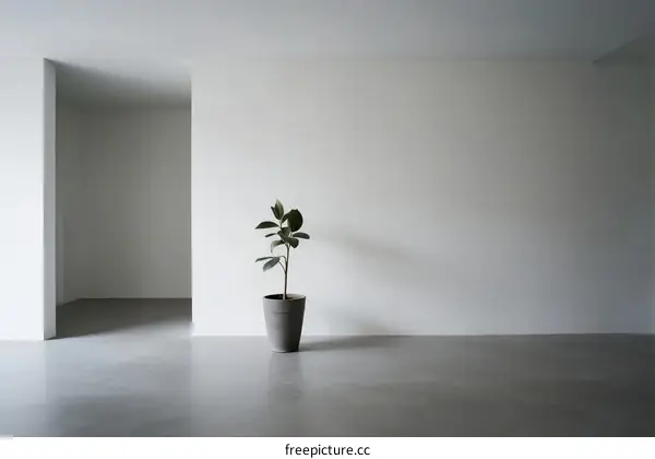 Minimalist white room with a single potted plant in the center