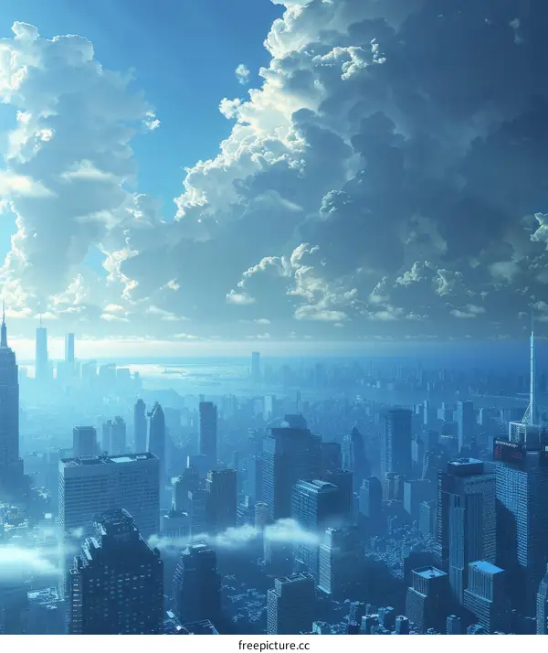 Blue Skies and White Clouds Over a Busy Cityscape