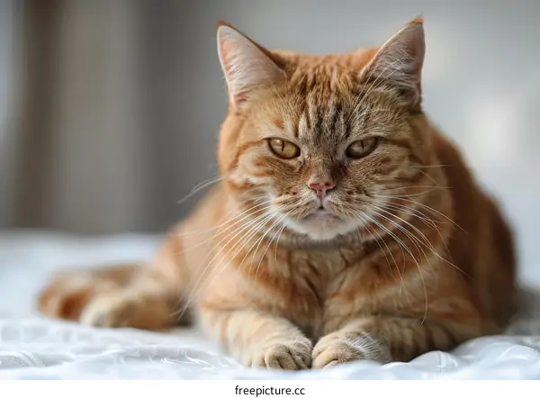A ginger cat is lying on a white cloth