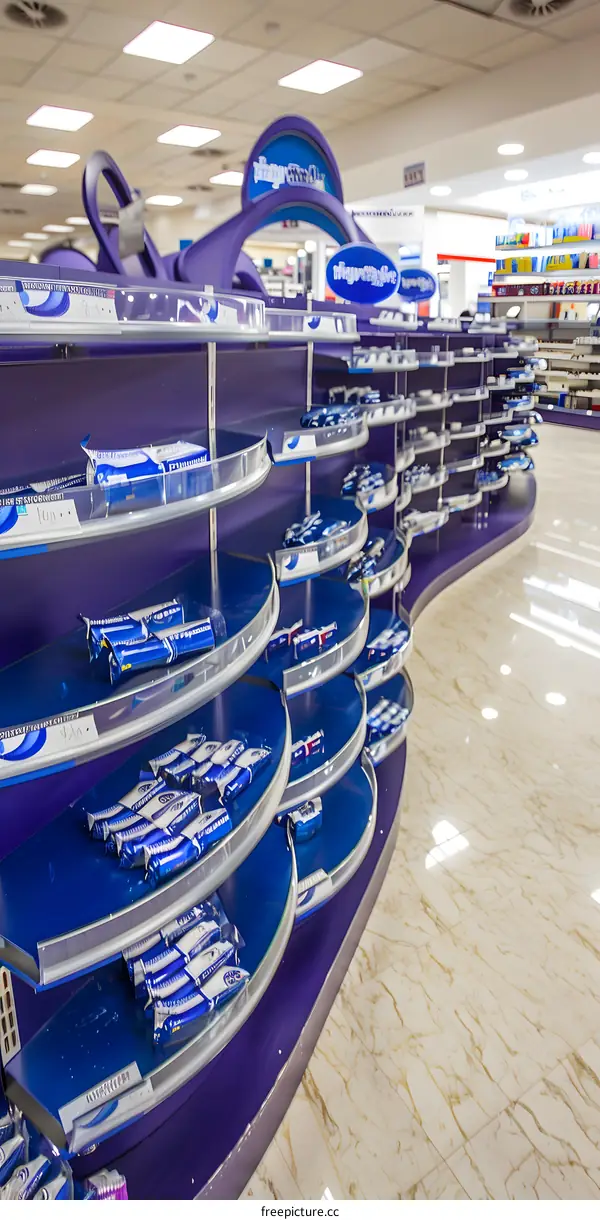 Purple and Blue Curved Shelves with Product Packaging in a Retail Store