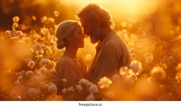 An elderly couple is standing in a field of flowers at sunset.