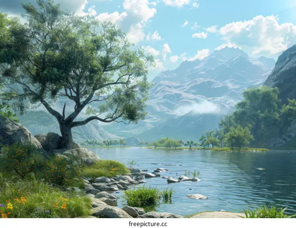 Mountainous Landscape with a Lake and Majestic Tree