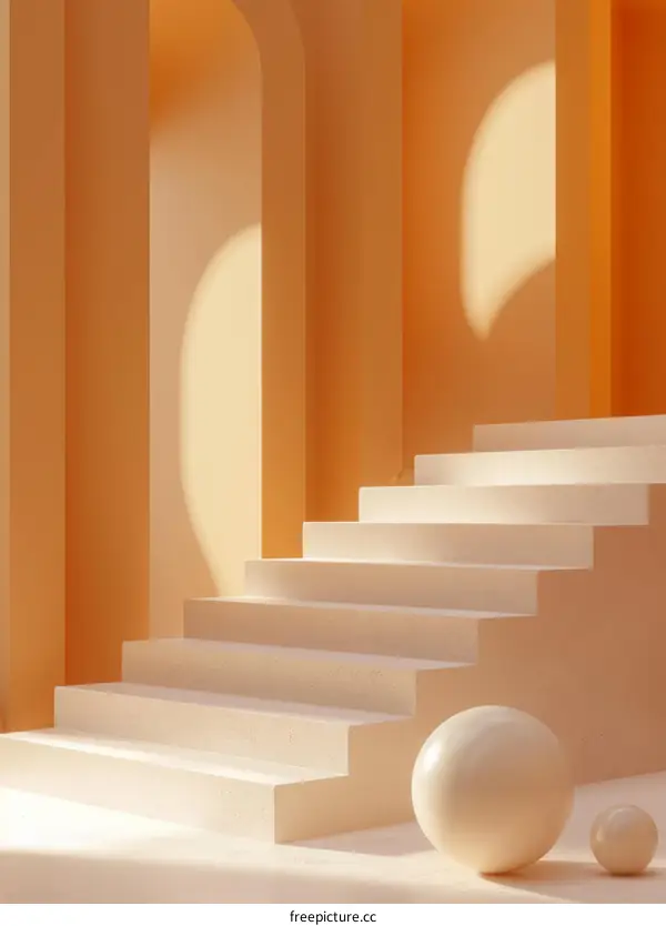 Minimalist background with stairs and spheres