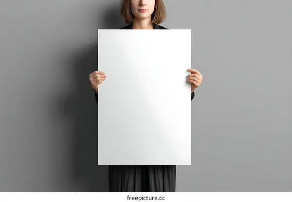 Woman Holding Blank Poster Against Gray Background