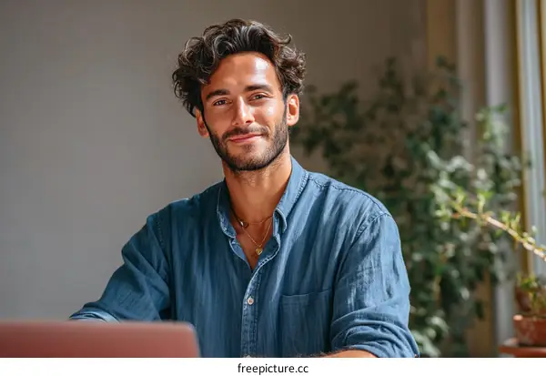 Smiling Caucasian Man Working on Laptop