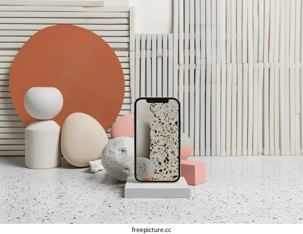 Modern Minimalist Phone Mockup With Geometric Shapes And Terrazzo Background