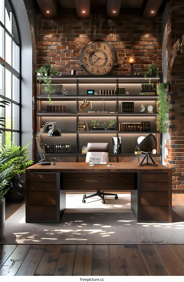 Modern Home Office Interior Design with Brick Wall and Large Window