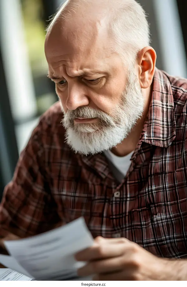 Close up Portrait of Senior Man with Grey Beard Examining Paperwork