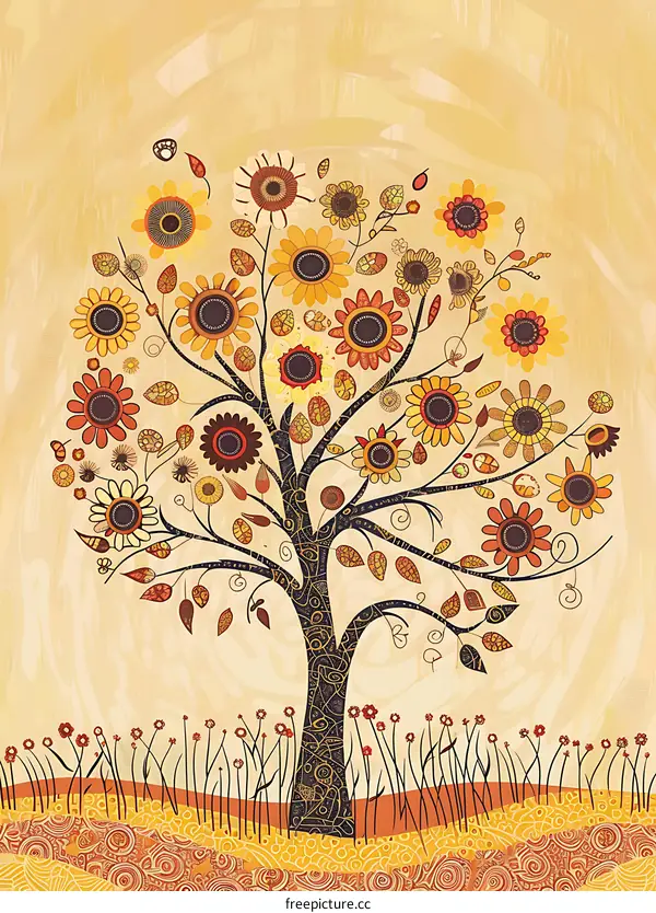 Abstract Tree with Yellow and Orange Flowers