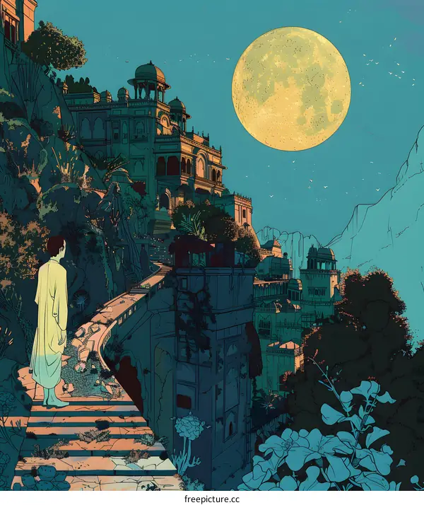 Man in White Robe Gazes at an Enchanting City Under a Full Moon