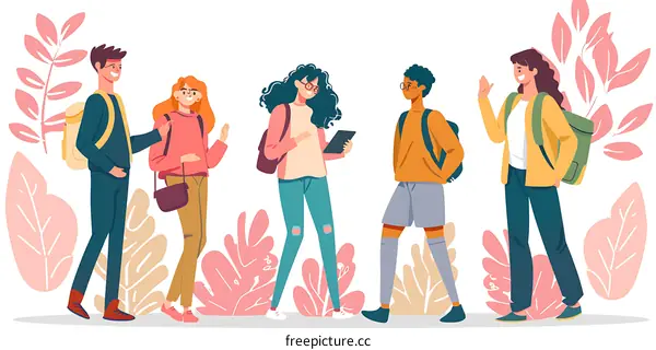 Group of Students With Backpacks Walking Through Campus