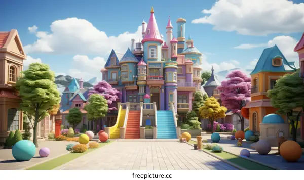 A colorful cartoon town with a castle in the middle