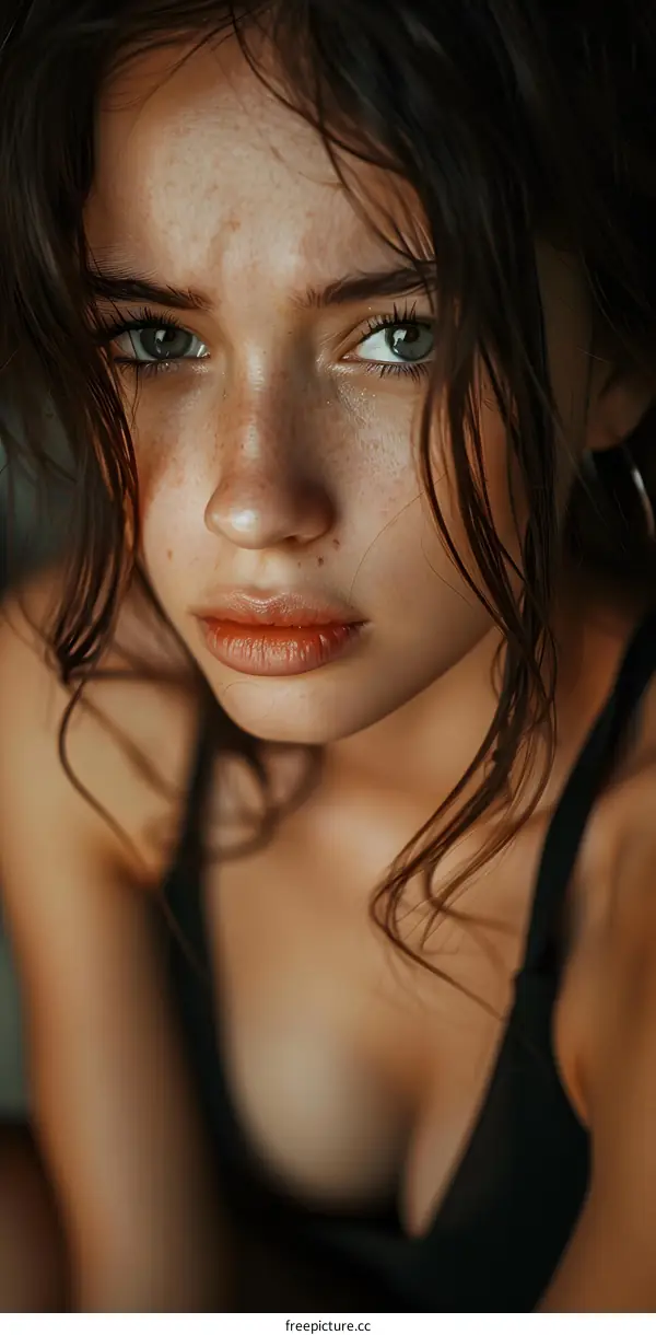 Portrait of a Young Woman with Freckles and Green Eyes